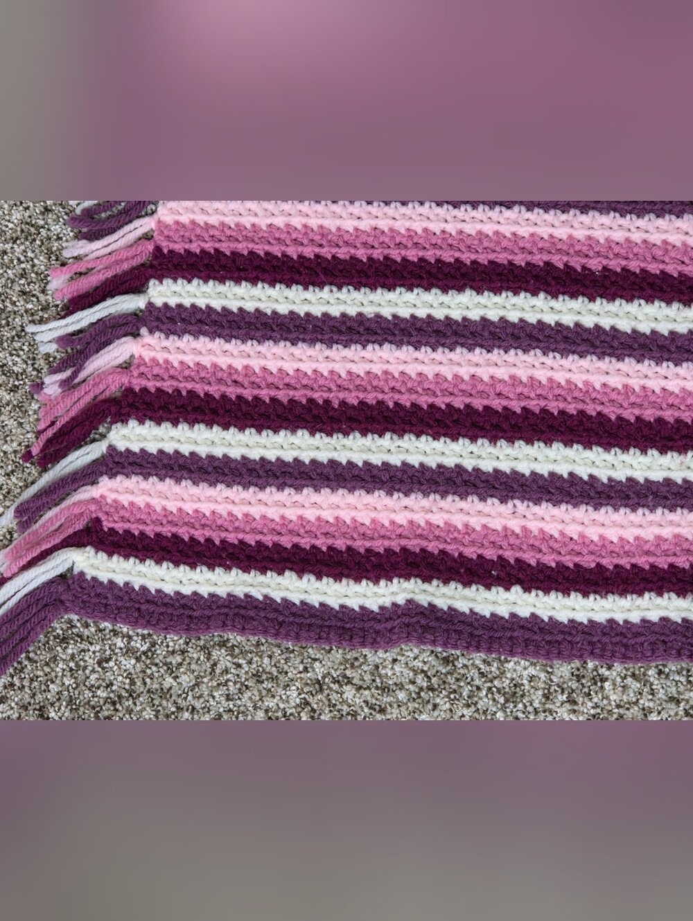 Crochet Blanket Afghan Throw Striped Pink Purple White Fringed 47x50‎ Vintage - Picture 6 of 6